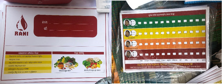 Photos: Left photo shows the back of a card that has a large red box that reads "Rani" and has room to write in foods and symptoms. The right photo shows the front of the card with 4 rows of checkboxes, color-coded with green, yellow, orange, and dark red.