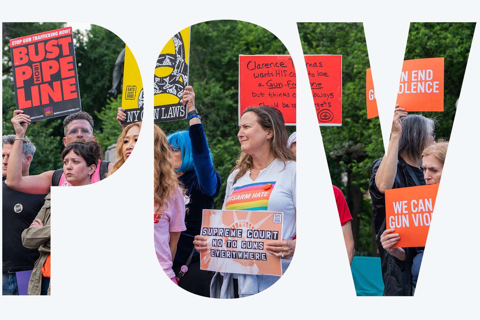 Photo of people of various ages and genders holding signs at a rally at Union Square in New York City, NY June 23, 2022 after the Supreme Court of the United States ruling on gun laws in New York. An AAPI woman with long, wavy blonde hair wears a pink shirt that says "it's the fucking guns" and a button that says "i love new york." A white woman next to her wears a shirt that says "Disarm hate" and holds a sign that reads "Supreme court no to guns everywhere." Behind her, a white man in a red t-shirt holds a sign that reads "Clarence Thomas wants HIS court to be Gun-Free-Zone but thinks our subways should be open targets." Older white women at right hold orange signs that read "we can end gun violence". The letters 'POV' are overlaid on the photo.