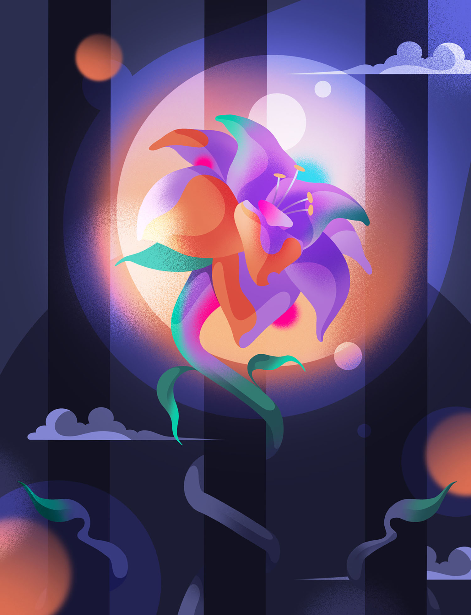 Sci-fi looking computer illustration of a flower growing up what could be seen as prison bars or bars in front of a window. The flower has technicolor orange and purple petals and a green stem, it's bottom leaves wrap around some of the bars. In the background, a thin cloud and moon is seen in dark blue sky. 