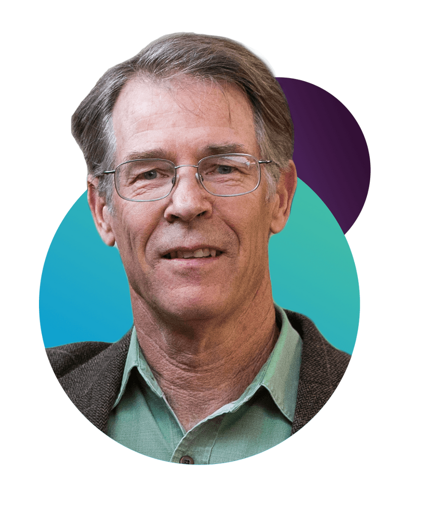 A portrait of Kim Stanley Robinson, an older white man with short gray hair and glasses. He half smiles and wears a thick suit jacket with a pale green dress shirt. Behind him, two decorative circles are seen: one is blue-green, the other deep purple.