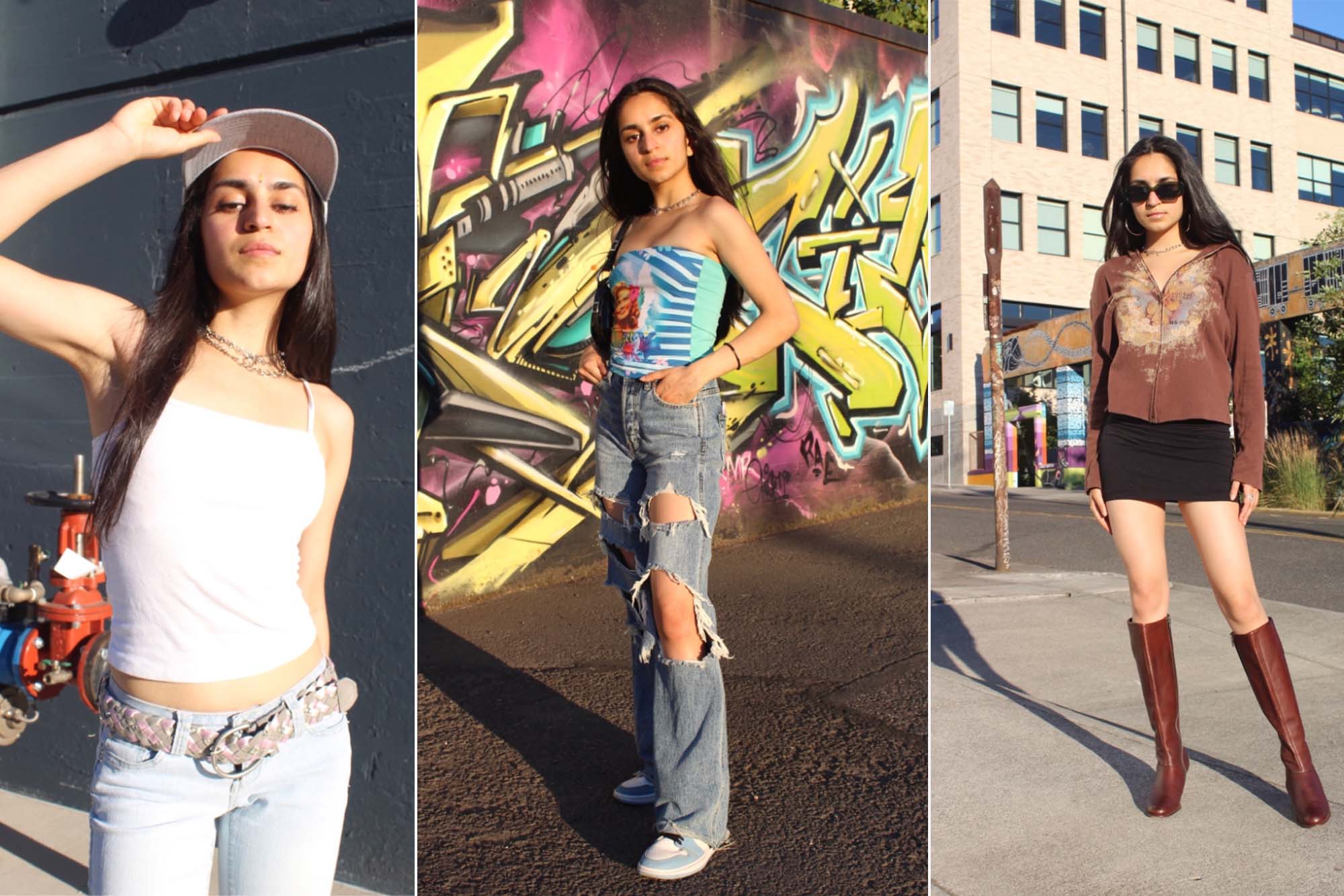 Composite of three images of Sujena Soumyanath wearing three different outfits. Soumyanath is a young woman of color with long, dark, straight hair. At left, she wears a white tank top, wide-brim baseball hat, light jeans and a chunky belt on a sidewalk near some industrial looking pipes. At center, she wears a colorful tube top, ripped wide leg jeans, and stands with her hands in her belt loops in front of a graffitied wall. At right, she wears a brown sweatshirt, black mini skirt, and brown, nearly knee-high boots. She wears dark round sunglasses and poses on a street corner.