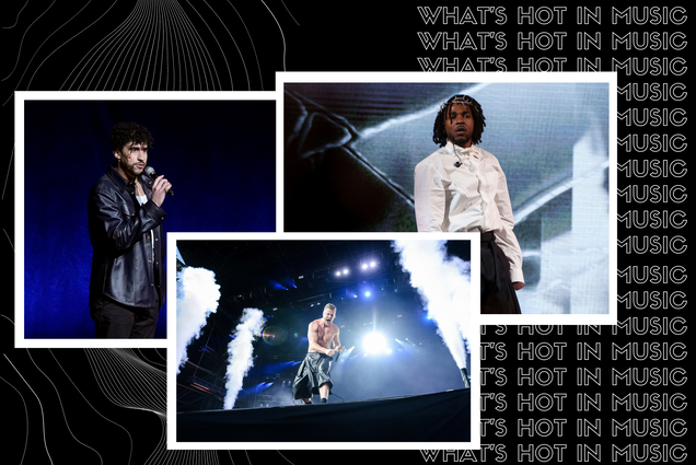 A composite image with photos of Kendrick Lamar, Imagine Dragos, and Bad Bunny over a black background with white text reading "what's how in music this month", referring to the month of August 2022