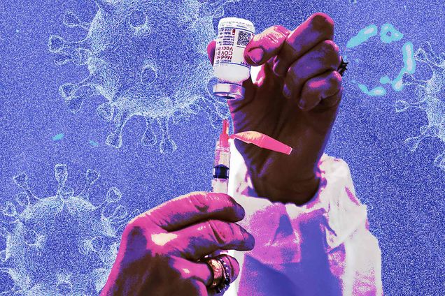 Illustration of a woman’s hands extracting a covid-19 vaccination from a vile. The image is overexposed and colored with purple and pink. The background looks staticky and features illustrations of the coronavirus.
