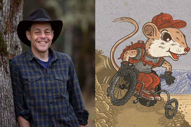 Collage: Photo of Gus D’Angelo. He leans against a tree and wears a black cowboy hat and dark blue plaid shirt. Next to image of cartoon field mouse in a wheel chair dressed in hiking gear.