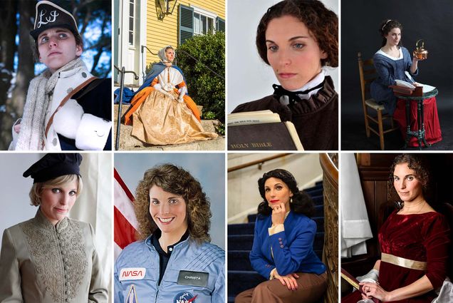 The many faces of Judith Kalaora (clockwise from top left): as Deborah Sampson, the first woman to enlist in the American military; as 19th-century philanthropist Madam Sarah Derby; as early suffragist Lucy Stone; as Rachel Walker Revere, wife of Paul Revere; as Dolley Madison, wife of James Madison, fourth US president; as Hollywood actor and inventor Hedy Lamarr; as teacher and astronaut Christa McAuliffe; and as Princess Diana. Photo of Sampon by Vincent Morreale; of Derby, Madison, and McAuliffe by Al Conant; of Stone by Chris Cavalier; of Revere by Claudio Gustafson; of Hedy Lamarr by Chris Beasley; of Princess Diana by Greg Anthony