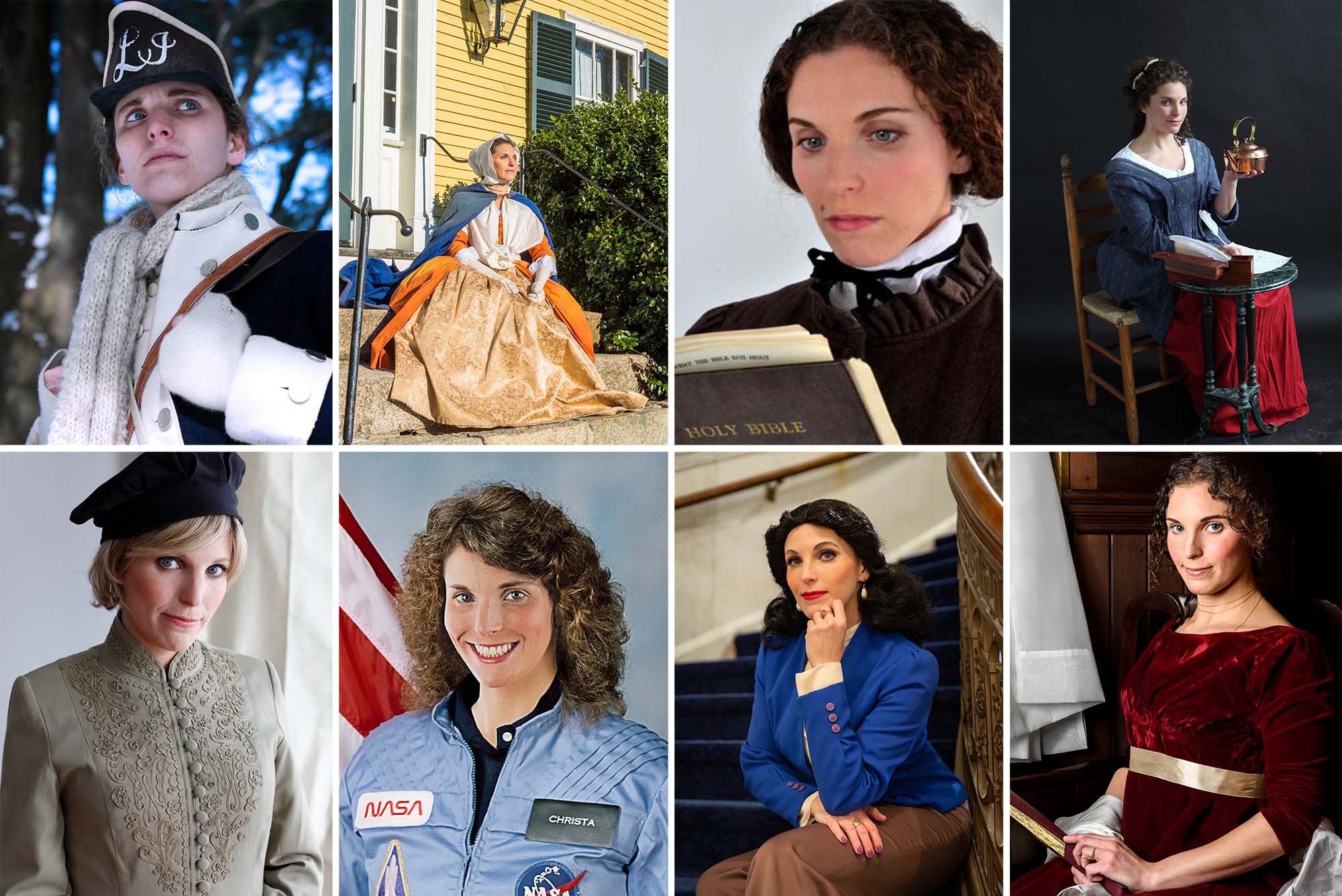 The many faces of Judith Kalaora (clockwise from top left): as Deborah Sampson, the first woman to enlist in the American military; as 19th-century philanthropist Madam Sarah Derby; as early suffragist Lucy Stone; as Rachel Walker Revere, wife of Paul Revere; as Dolley Madison, wife of James Madison, fourth US president; as Hollywood actor and inventor Hedy Lamarr; as teacher and astronaut Christa McAuliffe; and as Princess Diana. Photo of Sampon by Vincent Morreale; of Derby, Madison, and McAuliffe by Al Conant; of Stone by Chris Cavalier; of Revere by Claudio Gustafson; of Hedy Lamarr by Chris Beasley; of Princess Diana by Greg Anthony