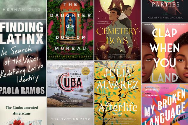 Composite image of book covers included in the Hispanic Heritage Month listicle, including "Her Body and Other Parties", "Cemetery Boys", "Finding Latinx: In Search of the Voices Redefining Latino Identity", "The Undocumented Americans", "Afterlife", "The Lost Book of Adana Moreau", "Daughter of Doctor Moreau", "Trust", "The Hurting Kind", "My Broken Language: A Memoir", and "Cuba: An American History".