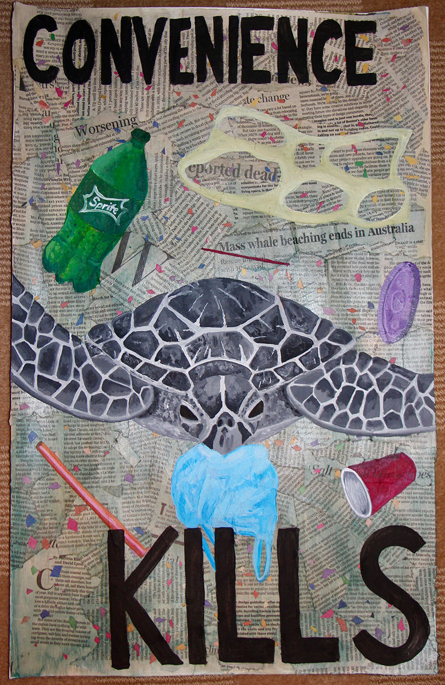 Photo: A large newspaper collage shows a painting of a giant green turtle holding a plastic bag in its mouth and various types of trash around it with the words "Convenience Kills" in large black letters.