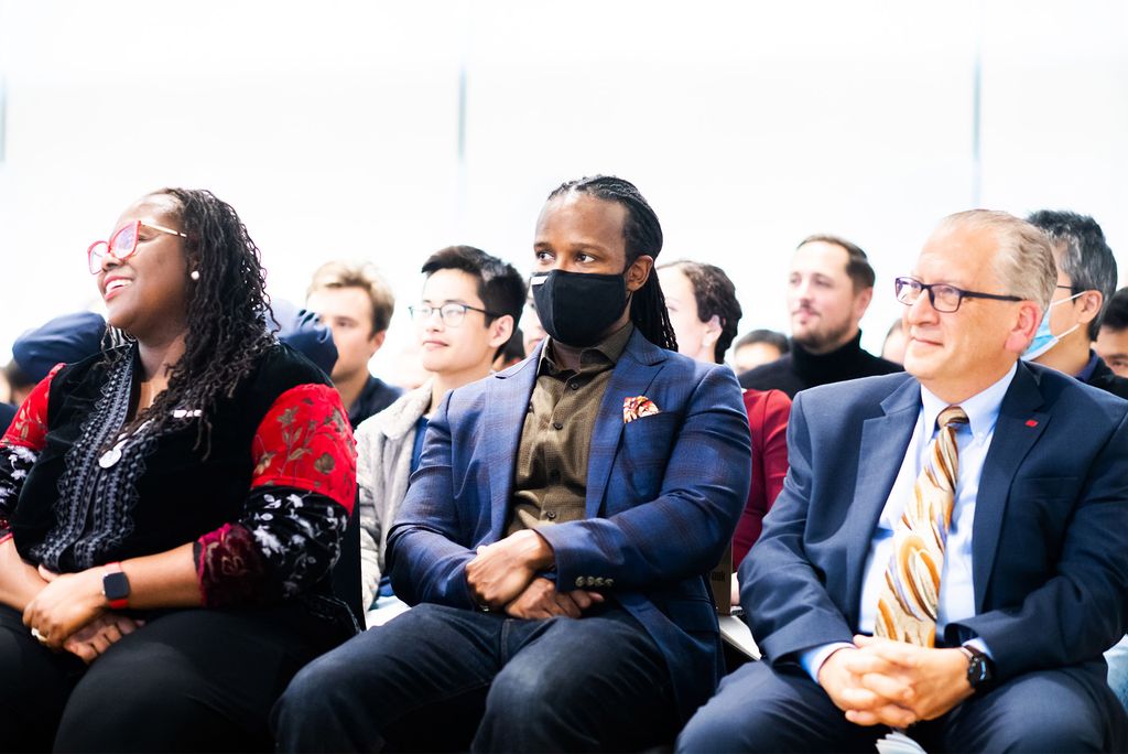 LAW Dean Angela Onwuachi-Willig , Dr. Ibram Kendi and Azer Azer Bestavros listen as Congresswoman Ayanna Pressley discusses a bill she introduced, called the ECASH Act at the School of LAW on October 4, 2022. Photo by Jackie Ricciardi for Boston University