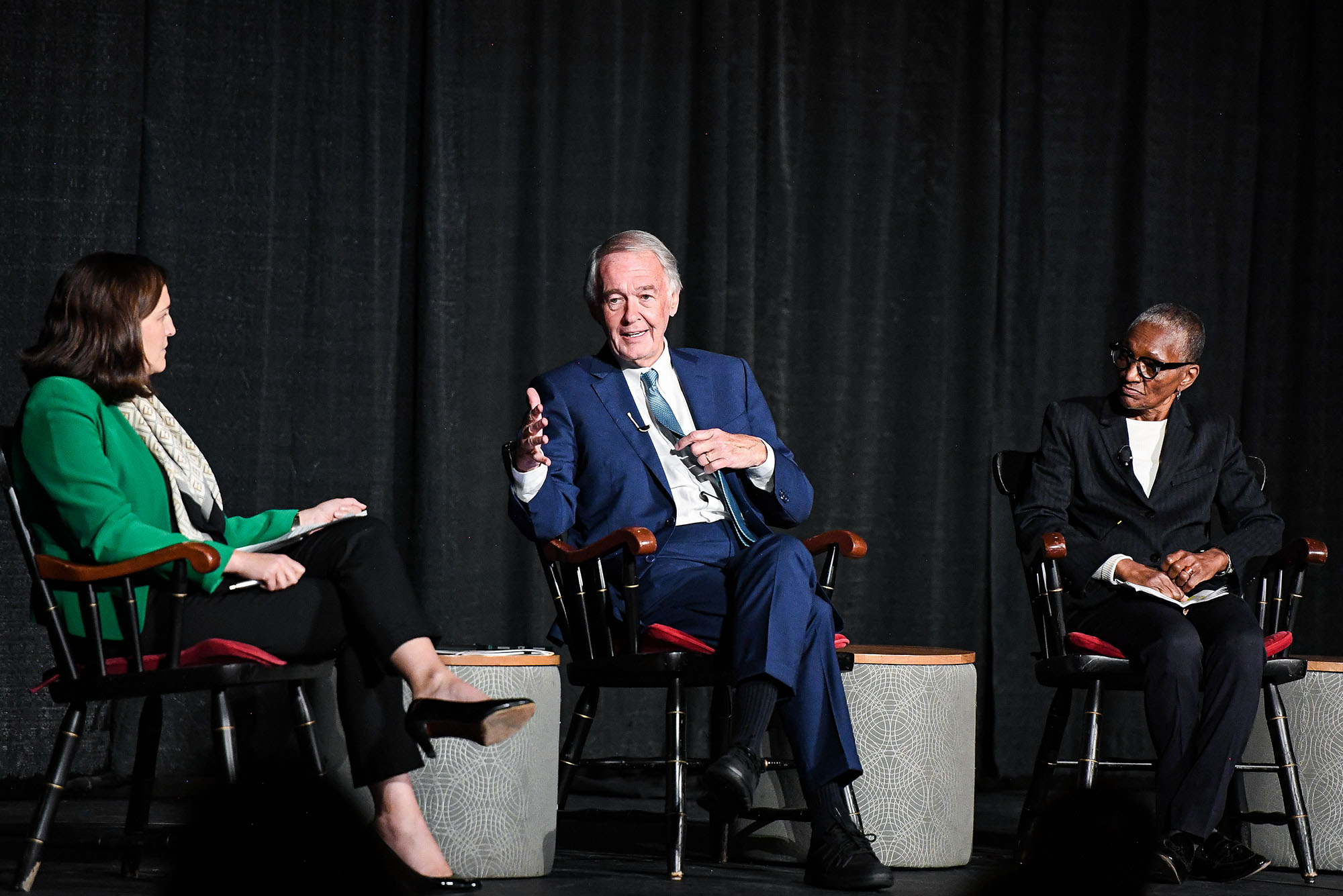 US Senator Ed Markey (Hon.’04) (D-Mass.) at the symposium Sustainability, Health Equity, and Antiracism in the 21st Century, presented by BU’s Center for Antiracist Research, with Katharine Lusk (left), BU Initiative on Cities codirector, and Thea James, a BU Aram V. Chobanian & Edward Avedisian School of Medicine associate professor of emergency medicine.