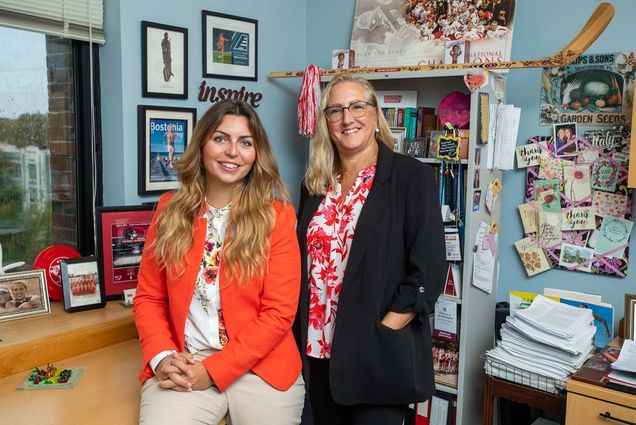 For a story about a faculty exchange program between Sargent and Italy's University of Pavia—over the summer, prof Paula Quatromoni, at right, traveled to Pavia to teach Italian students about eating disorders in athletes and help develop coursework. Now, Pavia prof Cinzia Ferraris, at left, is here at Sargent this semester guest-speaking in classes. Photo by Cydney Scott