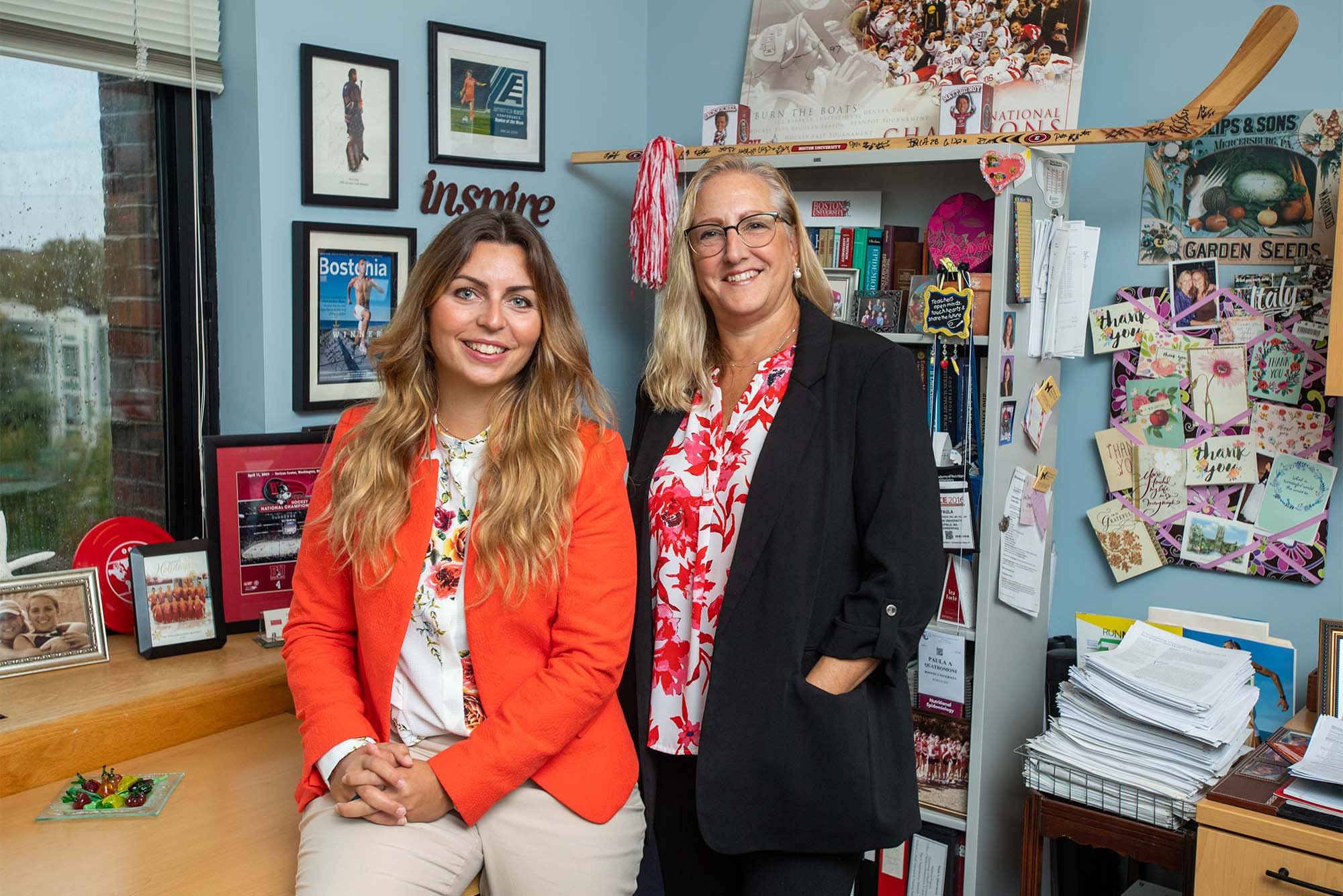 For a story about a faculty exchange program between Sargent and Italy's University of Pavia—over the summer, prof Paula Quatromoni, at right, traveled to Pavia to teach Italian students about eating disorders in athletes and help develop coursework. Now, Pavia prof Cinzia Ferraris, at left, is here at Sargent this semester guest-speaking in classes. Photo by Cydney斯科特