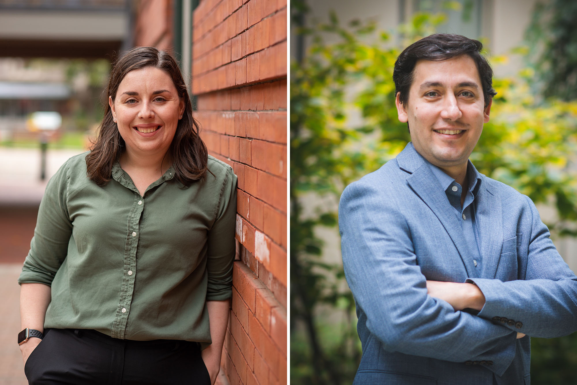 Collage: Side by side photo of two BU Researchers. (left) Mary Willis, a School of Public Health assistant professor of epidemiology, and recipient of a 2022 NIH Director’s Award. She leans, smiling, against a brick wall with hands in pockets. She wears an olive green shirt and black pants. (right) Hadi T. Nia, College of Engineering assistant professor of biomedical engineering, poses for a photo with arms crossed. He wears an ocean blue blazer and smiles for the camera in front of a blurry landscape of plants.