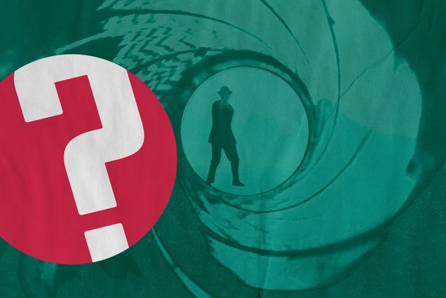 Screenshot from the opening gun barrel sequence of the James Bond film Dr. No. A person in silhouette at the end of the barrel points a gun towards the viewer. The screenshot is overlaid with a teal, printed texture. Question of the Week logo is overlaid.