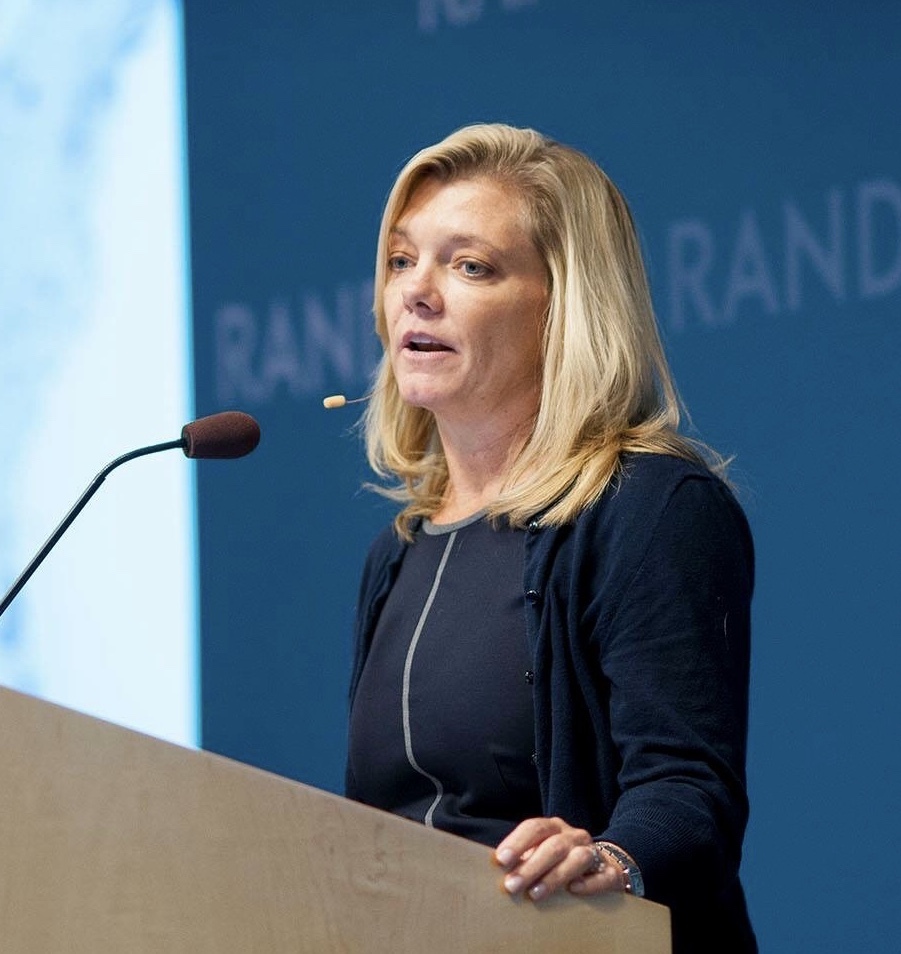 Tanielian (presenting on a new 2008 veterans report at a RAND Corporation board meeting) perseveres in her work to support veterans and their families “in the honor of those who wore the uniform, and those who made the ultimate sacrifice,” she says. Photo courtesy of Tanielian