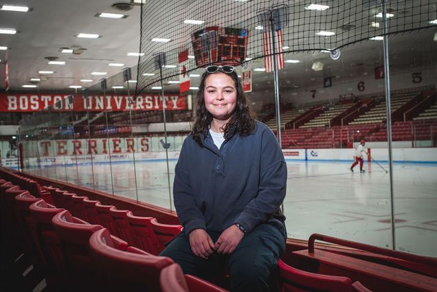 Sydney Bechtel poses for a photo at Walter Brown Arena on November 8, 2022. She is the president of the Women's Ice Hockey Club Team. Photo by Jackie Ricciardi for Boston University