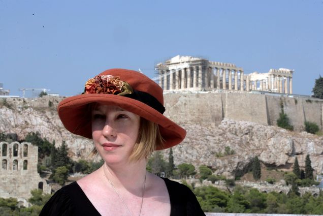 A. E. Stallings in front of the Parthenon in Greece