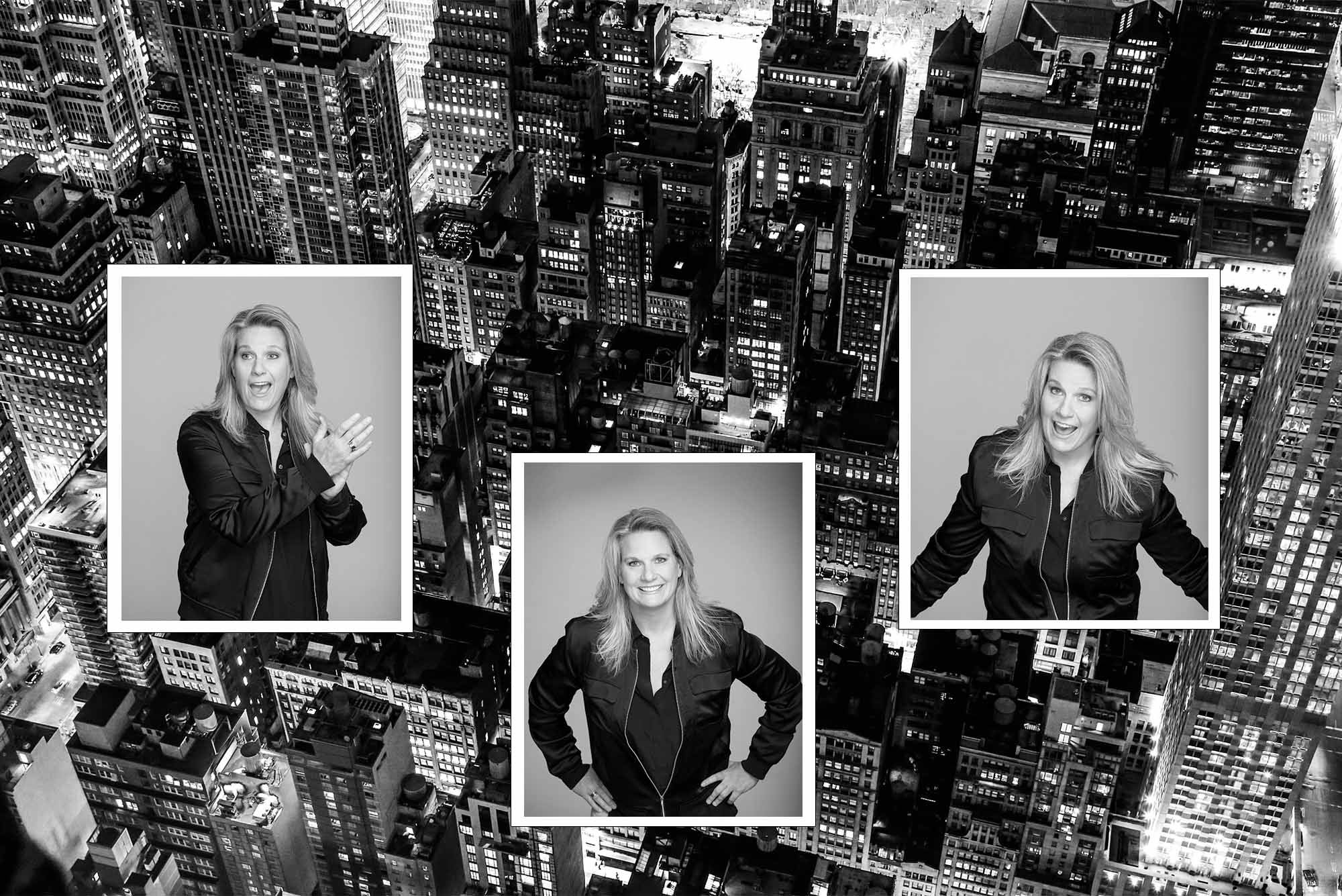 A composite image with photos of Liz Patrick, and a background of the NYC skyline in black and white