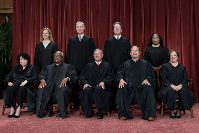 Members of the Supreme Court sit for a new group portrait following the addition of Associate Justice Ketanji Brown Jackson, at the Supreme Court building in Washington, Friday, Oct. 7, 2022. Bottom row, from left, Associate Justice Sonia Sotomayor, Associate Justice Clarence Thomas, Chief Justice of the United States John Roberts, Associate Justice Samuel Alito, and Associate Justice Elena Kagan. Top row, from left, Associate Justice Amy Coney Barrett, Associate Justice Neil Gorsuch, Associate Justice Brett Kavanaugh, and Associate Justice Ketanji Brown Jackson. (AP Photo/J. Scott Applewhite)