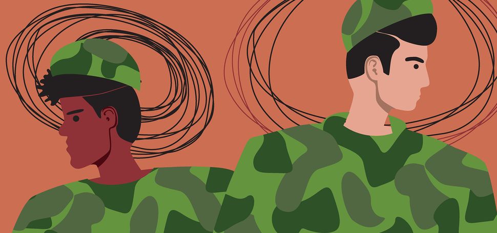 Flat vector stock illustration of PTSD in soldiers in uniform. One black soldier and one white soldier are shown in camo gear with squiggles around their heads.