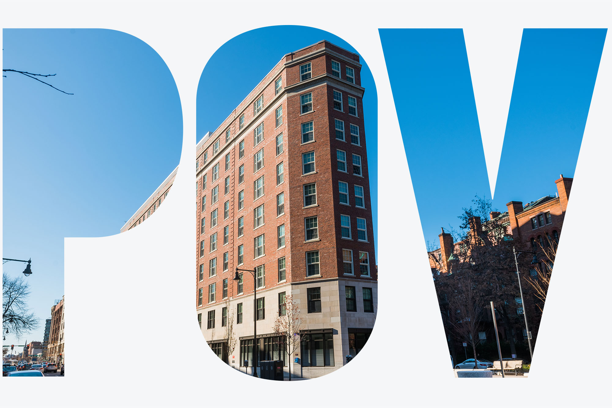 Myles Standish Hall at Boston University, with the letters "POV" overlayed on top of the image