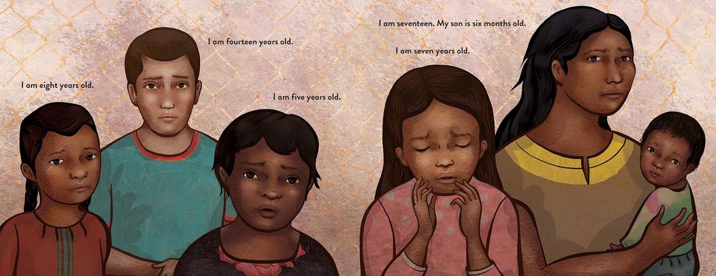 Illustration of a young LatinX family. Each child says their age, "I am fourteen years old. I am five years old.I am seven years old." And their sister, says "I am seventeen. My son is six months old" as she holds a baby in her arms. Behind them, a chain-linked fence is seen.