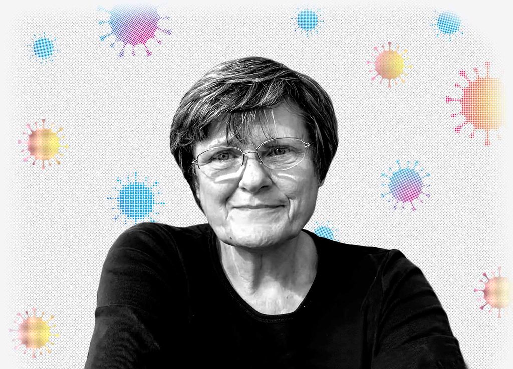 Black and white headshot of Katalin-Karikó, slightly smiling. She has round, large glasses. A background with blue, purple, yellow and orange gradient coronavirus molecules are seen behind her.