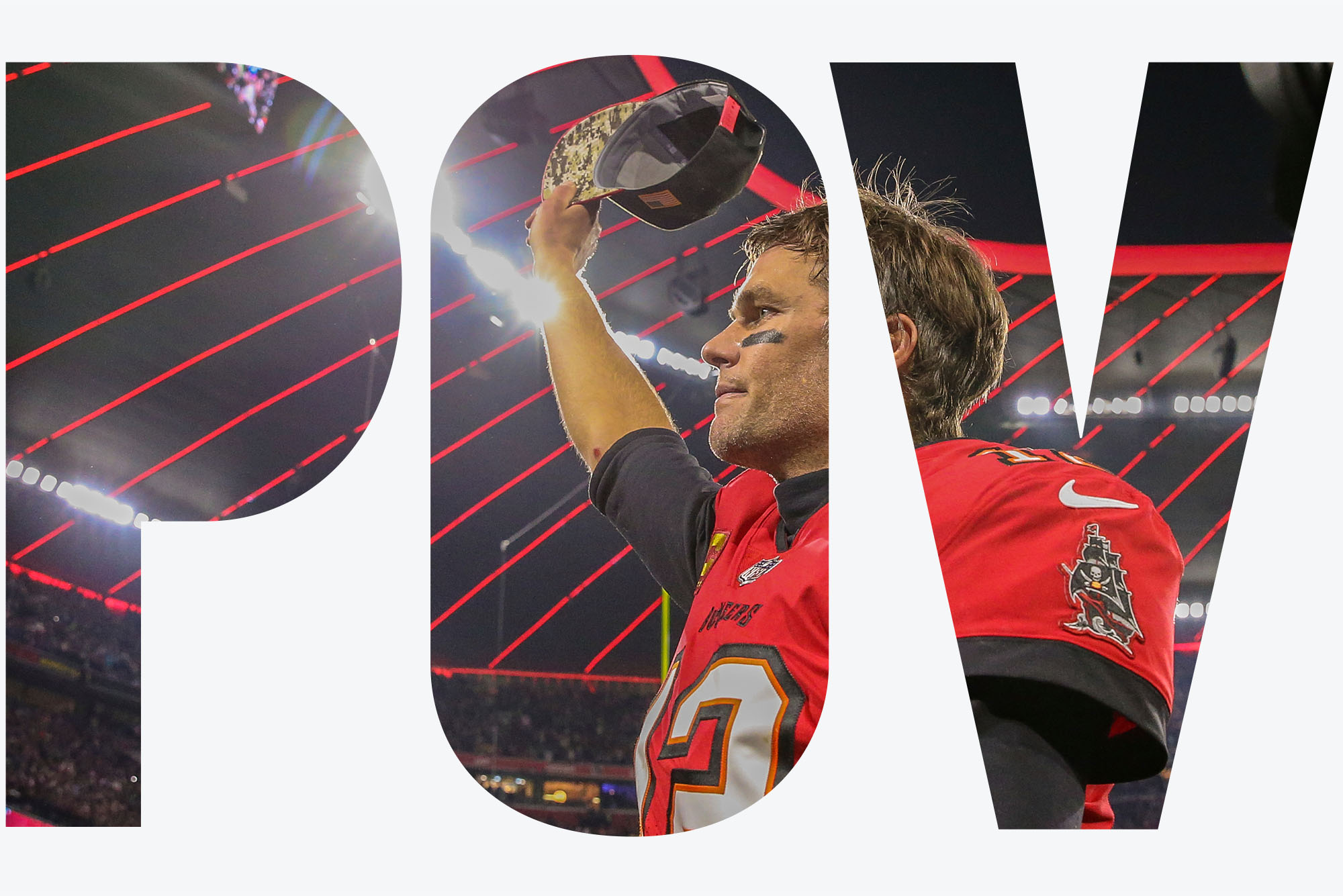 Tampa Bay Buccaneers quarterback Tom Brady (12) waves to the stands as he walks off the field after an NFL football game against the Seattle Seahawks on Nov. 13, 2022, in Munich. The Buccaneers defeated the Seahawks 21-16. (AP Photo/Gary McCullough). The photo is overlayed with the letters "POV"