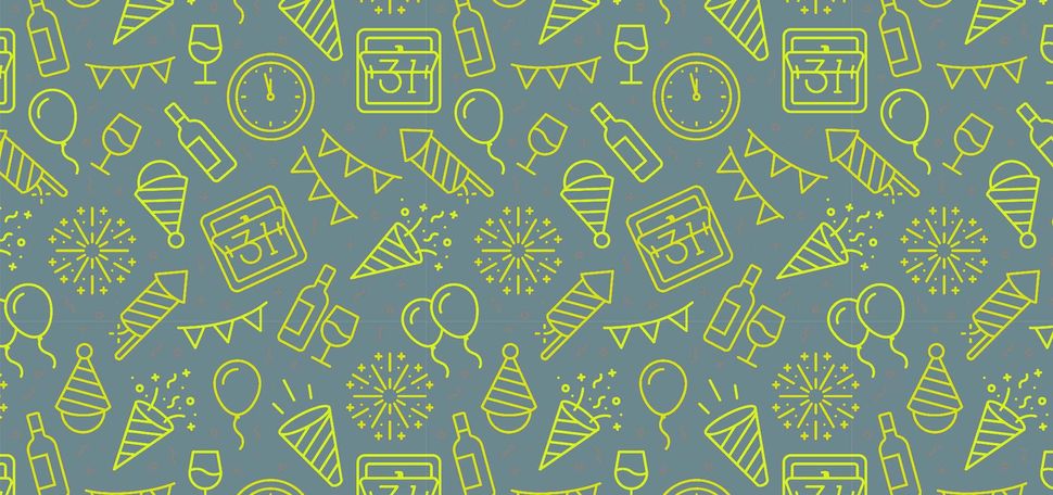 A vector image filled with yellow balloons, fireworks, and party hats, depicting a festive new year scene. The background is a mint green color