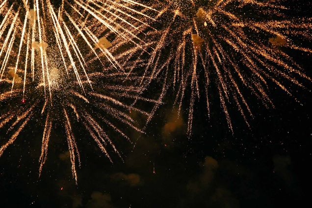 Photo: Photo of two large, golden fireworks going off on a dark night.