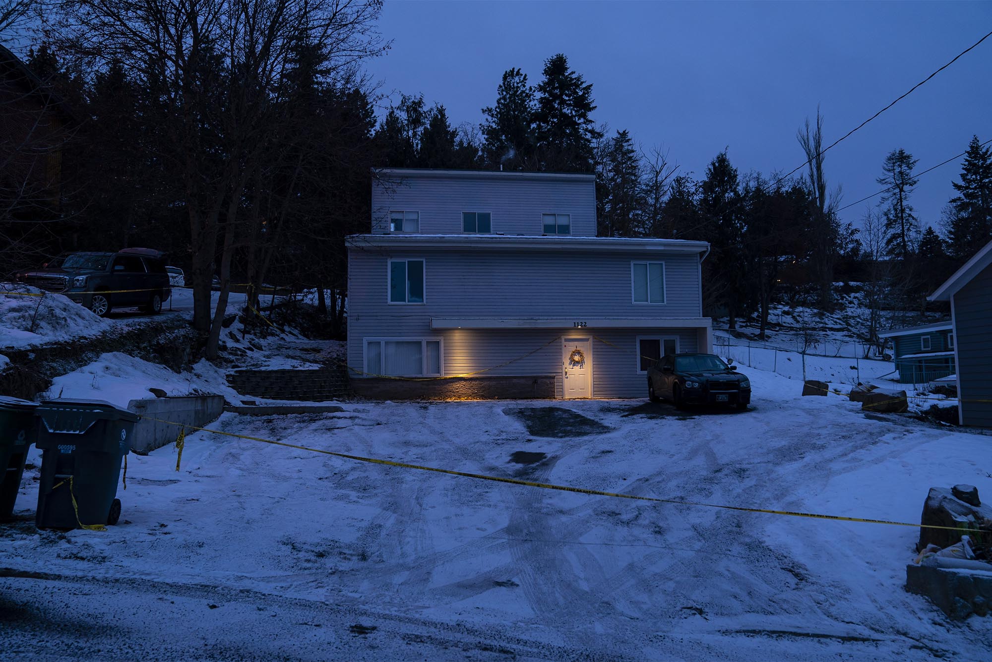 Police tape surrounds a home that was the site of a quadruple murder on January 3, 2023 in Moscow, Idaho, in which cell phone records and security camera footage helped identify a suspect. Photo by David Ryder/Getty Images
