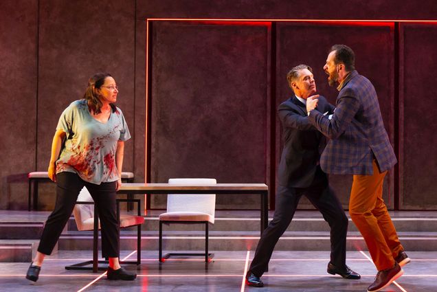 Adrianne Krstansky as Patricia (from left), Michael Kaye as Mark, and Rom Barkhordar as Jason in the Huntington Theatre Company production of The Art of Burning, running through February 12 at the Boston Center for the Arts. Photo by T. Charles Erickson