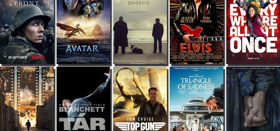 Collage: Movie Posters from the ten movies nominated for best picture in the 2023 Oscars. From left to right, top down, posters are from: "All Quiet on the Western Front," "Avatar: The Way of Water," "The Banshees of Inisherin," "Elvis," "Everything Everywhere All at Once," "The Fabelmans," "Tár," "Top Gun: Maverick," "Triangle of Sadness," and "Women Talking".