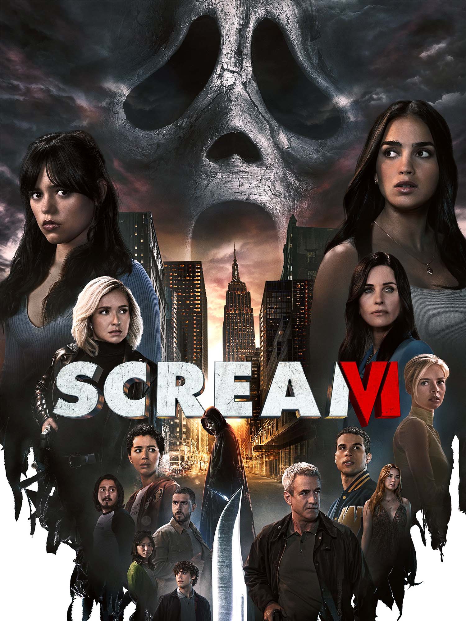 Photo: Movie poster for Scream VI movie. Various cast members looking in different directions in a V formation. Ghost face is in the middle/sky background. A cityscape is in the background, behind the test reading "Scream VI".