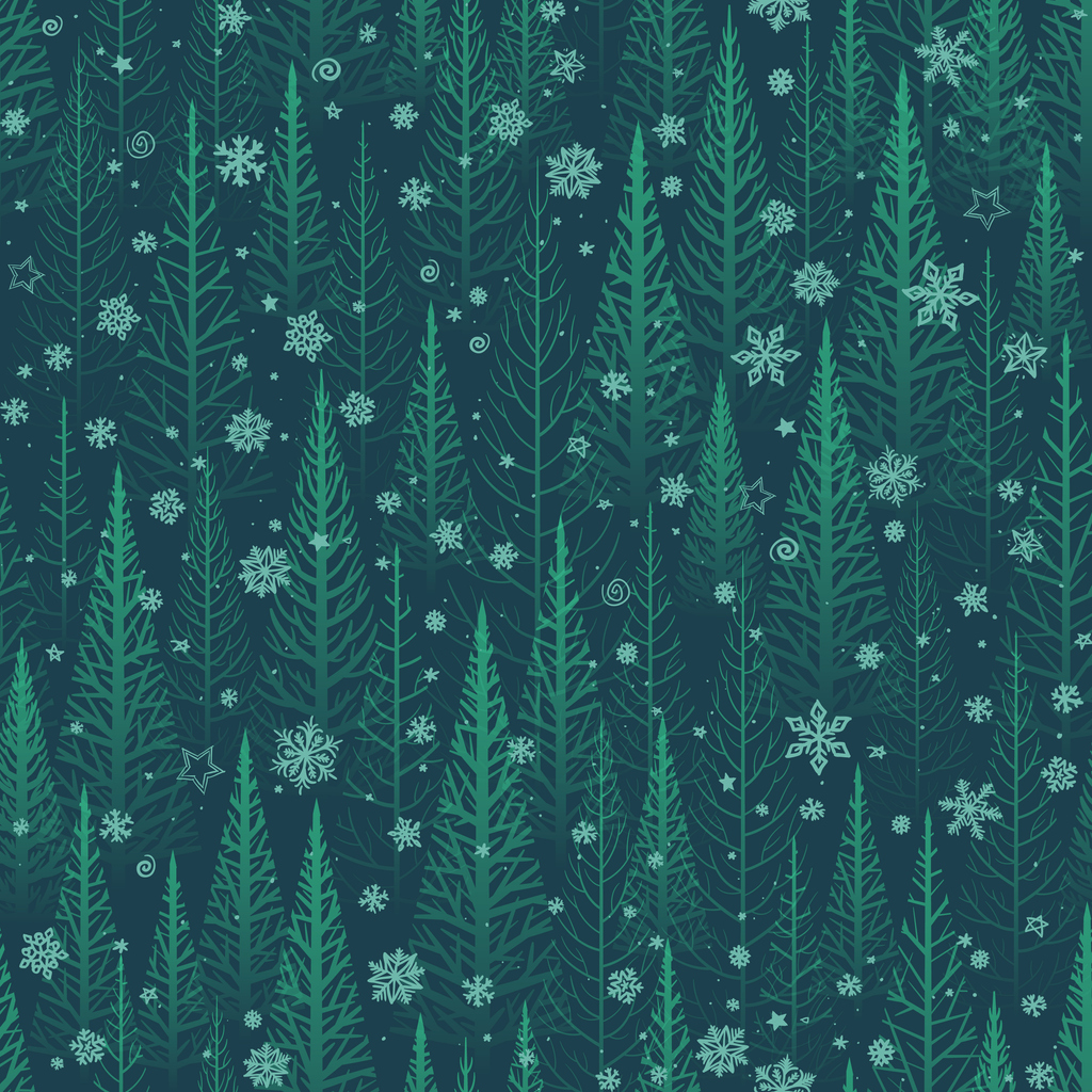 Green winter trees or forest with snow flakes Christmas background.