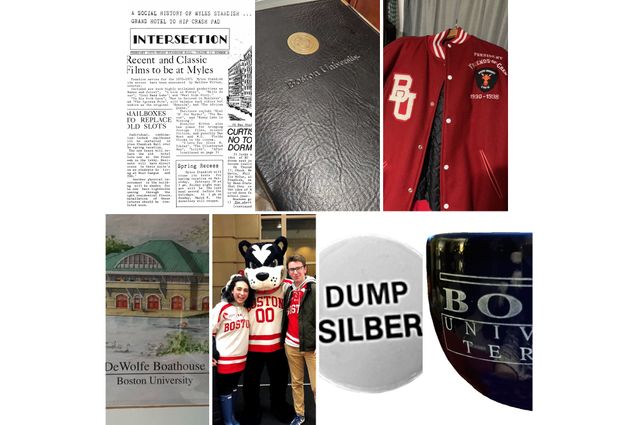 Collage: Seven photos of various Bu menetos sent i by alumni. Photos of a newspaper, folder, red letterman's jacket, poster, photo with Rhett the mascot, a pin, and a mug are shown.
