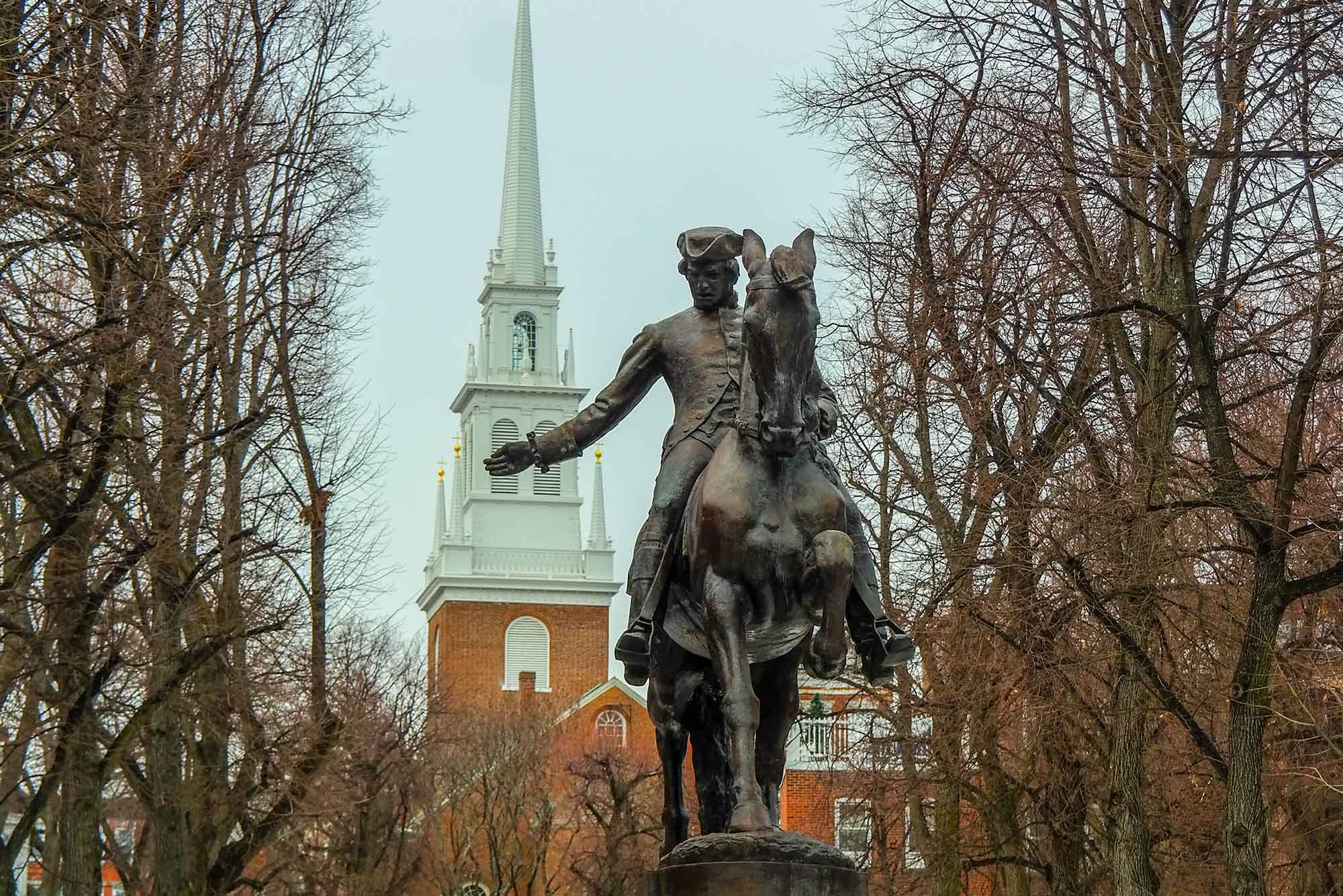 Photo: A statue of Paul Revere in front of the Old North Church in Boston