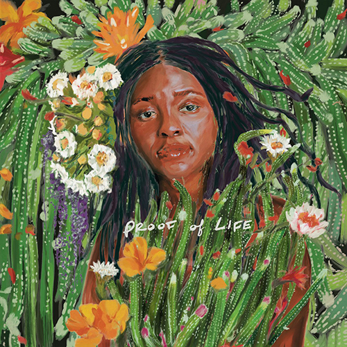 Album cover for Joy Oladokun's "Proof of Life". Artwork shows a painting of a Black woman peeking out from a surrounding of greenery and flowers.