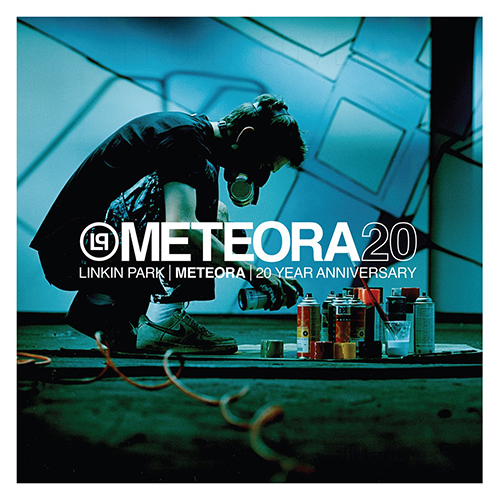 Album cover for Linkin Park's Meteora (20th Anniversary Edition). Cover shows picture of a graffiti artist wearing a heavy duty gas mask as they arrange a large array of spray paint cans and get ready to spray one.