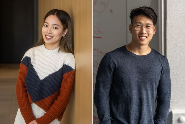 Collage: (from left) Photos of Linzi Scholarship recipients and Zilu “Pete” Tang. Liyu Chen poses against a wooden wall. A young Asian woman wearing a white, red, and black sweater, and long white skirt, smiles as she poses next to a light wooden wall. Zilu “Pete” Tang, a young Asian man wearing glasses and a long sleeved blue-gray shirt, smiles and poses next to a cement wall. Behind him, a white board filled with notes on equations can be seen.
