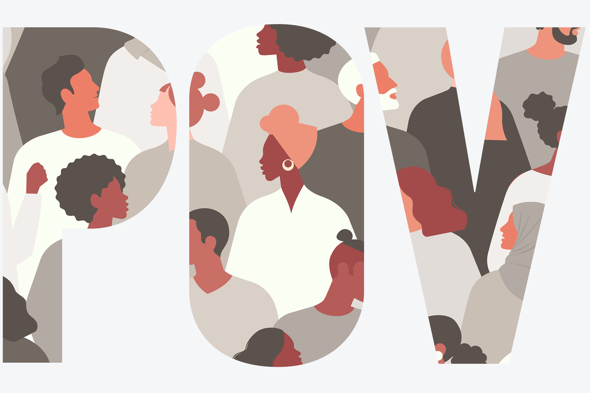 Image: Vector illustration showing a sea of people of various ethnicities and races are shown in a pattern. Illustration used to show antiracism. White overlay with the letters "POV" are shown. Image is seen through the transparent letters.