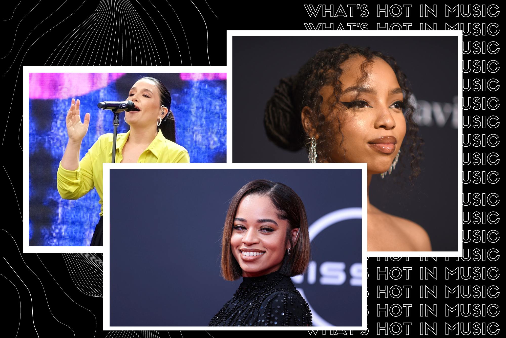 Image: collage of artists releasing music and/or hosting concerts in Boston in April 2023. Black background with outline-font white lines features photos of Jessie Ware, Ella Mai, and Chloe Bailey. Jessie Ware is shown singing on stage wearing a bright yellow top and black pants on polaroid-style borders. Ella Mai smiles and poses while wearing a sparkly black dress in front of a dark blue backdrop that reads in large white letters: "Nissan". Chloe Bailey headshot shows her posing on a red carpet, with curly hair brown dreadlocks formed into a stylish bun. Text on right behind image reads "What's Hot in Music" in a repeating pattern