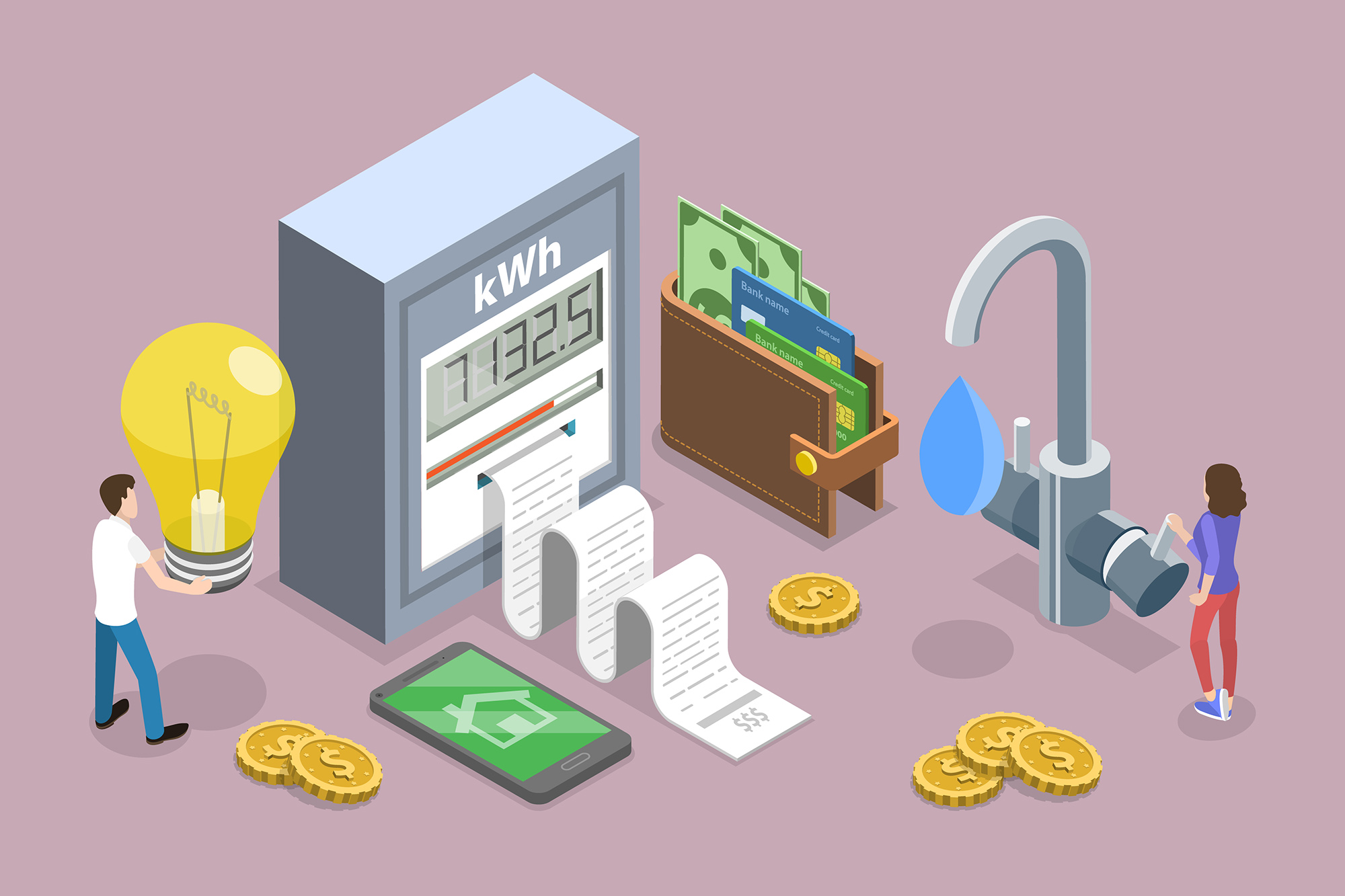 Image: Vector Conceptual Illustrations of Water And Electricity Consumption Expenses and Household Utilities. An energy consumption machine is shown, a faucet with a water drop leaking out, a wallet full of money, a light bulb, and a cell phone displaying a simple image of a house.