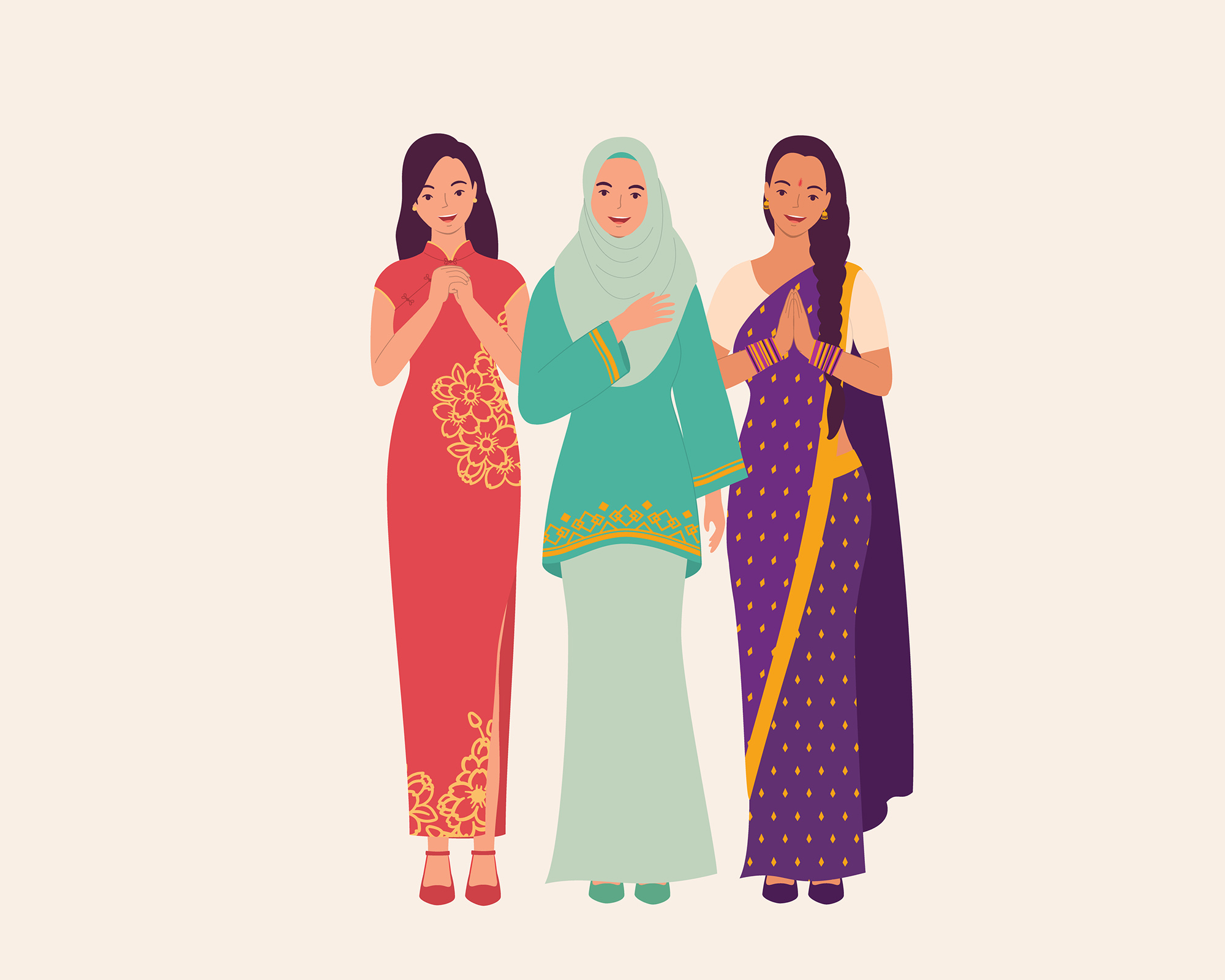 Image: Vector illustration of three women dressed In three different styles of traditional clothes from around Asia. The first wears a red Chinese Cheongsam, in the middle a women wears a teal themed head covering and long sleeved dress, and the last women wears a purple and gold sari.