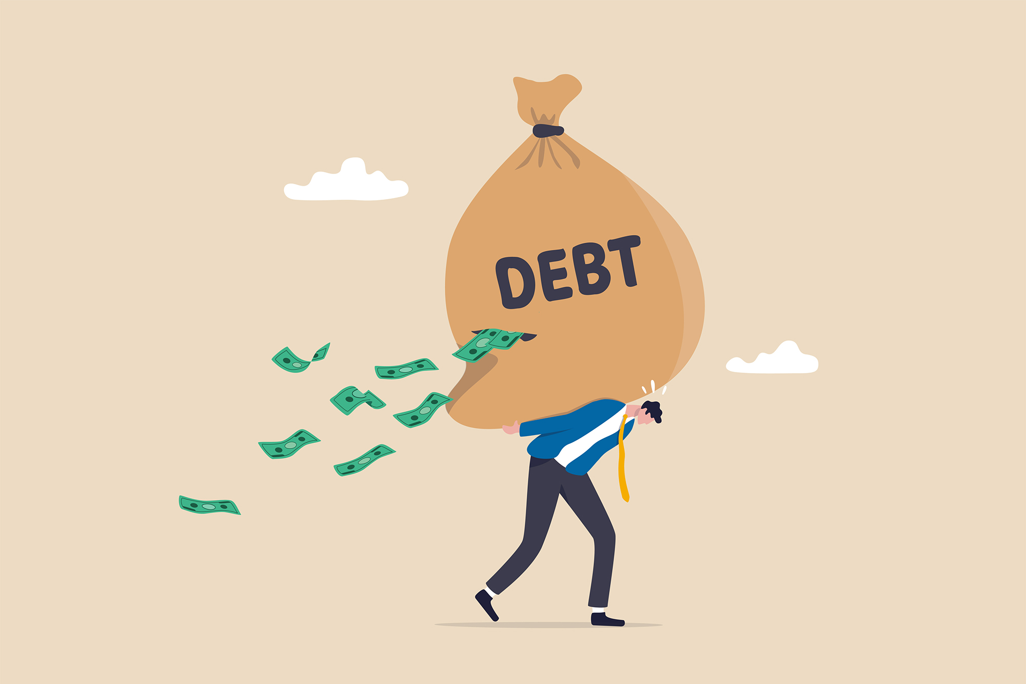 Image: Vector illustration of a person carrying an enormous brown bag labeled "debt" on their back. They seem to be burdened by the bag as a few green dollar bills fly out from a small hole in it.