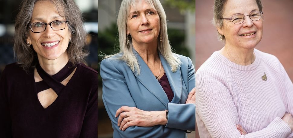 Photo: A collage of three white woman, all smiling for the camera for a portrait shot. From the left, a white woman with shoulder-length gray hair and a purple shirt and glasses. In the middle, a white woman with longer, lighter gray hair and bangs. She wears a pale blue blazer and a purple blouse. On the right, a white woman with short, gray hair, wire glasses, and a pink sweater.