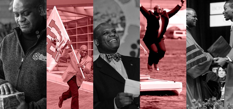 Photo collage of Dean Elmore featuring five photos in black and white, with every other tinted red. In the first photo, Elmore, a middle-aged Black man, wears a quarter zip and holds a special book and looks contemplative. Second, Elmore, in a suit, runs in front of Agganis with a white BU flag. At center, Elmore is seen with his iconic bow tie, smiling, during what looks like senior breakfast. Fourth, Elmore, wearing a snorkeling mask, jumps off a launch boat and into the Charles River with his hands extended up. At right, Elmore, dressed in a convocation robe, smiles as he hands a young Black man an award, at left. Photos by Kalman Zabarsky, Cydney Scott and Kristyn Ulanday