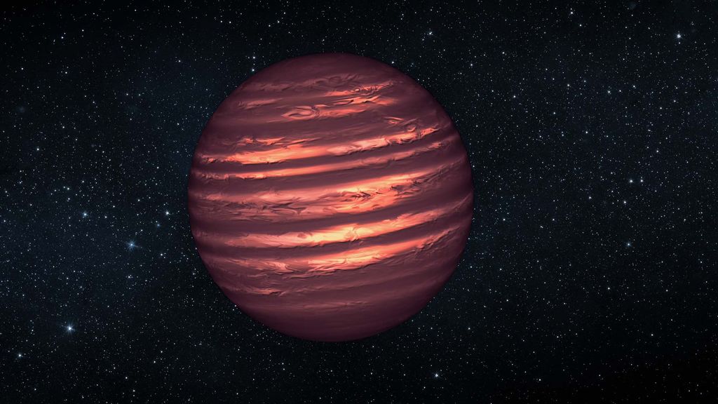 Artist's photorealistic conception or illustration of the brown dwarf named 2MASSJ22282889-431026. In the image, an reddish brown orb has orange stripes running longitudinally across the orb. Behind the orb, the space is dark with scattered white dots representing stars.