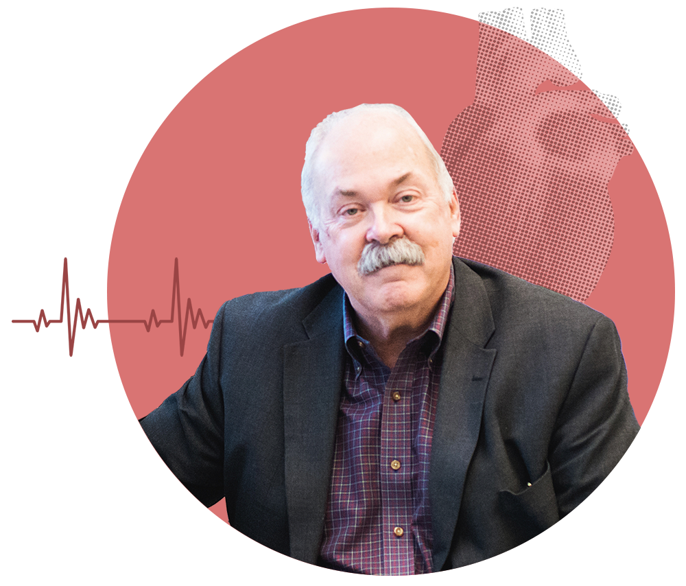 Photo of David Bishop, an older White man with short white hair and a mustache. His portrait is cropped in a dark pink circle. At left, an EKG design is seen in crimson. At top right, a heart is seen in pixelated black and white. The design reflects his heart-related research.