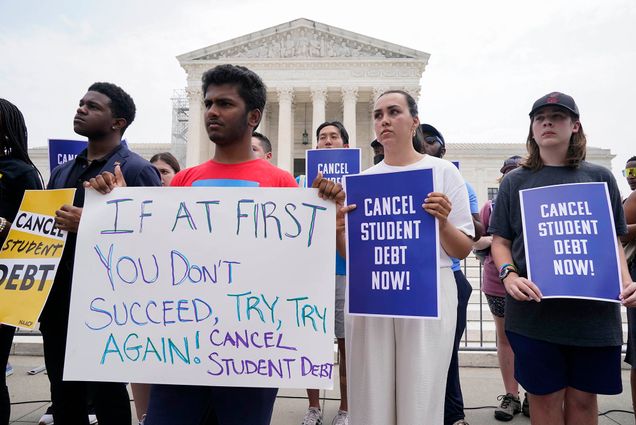 Photo: People demonstrate outside the Supreme Court, Friday, June 30, 2023, in Washington. A sharply divided Supreme Court has ruled that the Biden administration overstepped its authority in trying to cancel or reduce student loan debts for millions of Americans. Conservative justices were in the majority in Friday's 6-3 decision that effectively killed the $400 billion plan that President Joe Biden announced last year. (AP Photo/Jacquelyn Martin)